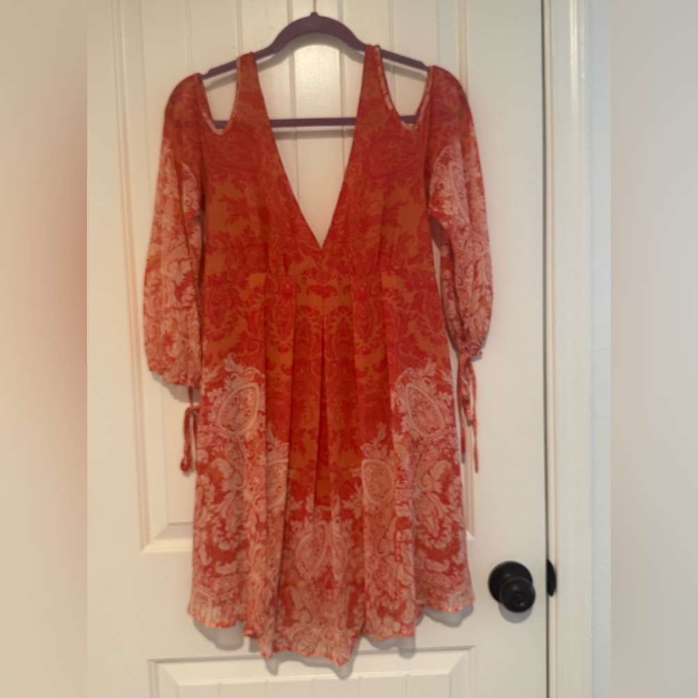 Free People Red Orange Paisley Cold-Shoulder Dress